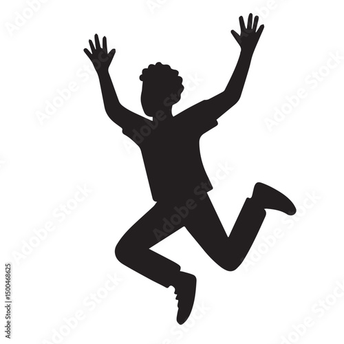 The vector shows a male figure in silhouette jumping freely, arms raised, creating a bold image of motion, freedom, and determination.

