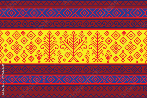 A colorful ethnic pattern fills the vector background, showcasing traditional cultural symbols arranged in symmetrical, vibrant, and decorative compositions.

