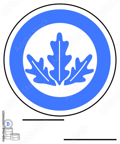 Stylized blue oak leaf in circular frame portraying growth, nature, or sustainability. Bitcoin stack underneath adds digital finance touch. Ideal for environment, economy, cryptocurrency, investment