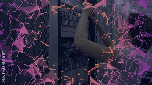Teen technician raising arms inserting cable into server rack guiding links while nodes floating