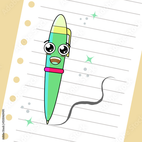 Kawaii school pen in cute cartoon style. Happy school supplies. Hand drawn clip art illustration. Back to school concept. flat illustration of education and semester. 