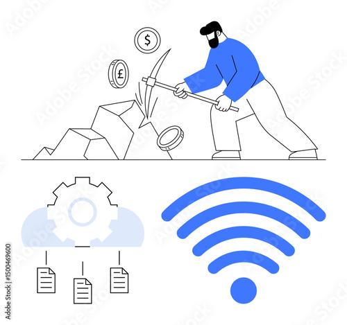 Miner extracts currency with pickaxe, icons for dollar, euro, wireless, cloud gear, and files convey digital mining, cloud computing, financial data. Ideal for technology blockchain fintech