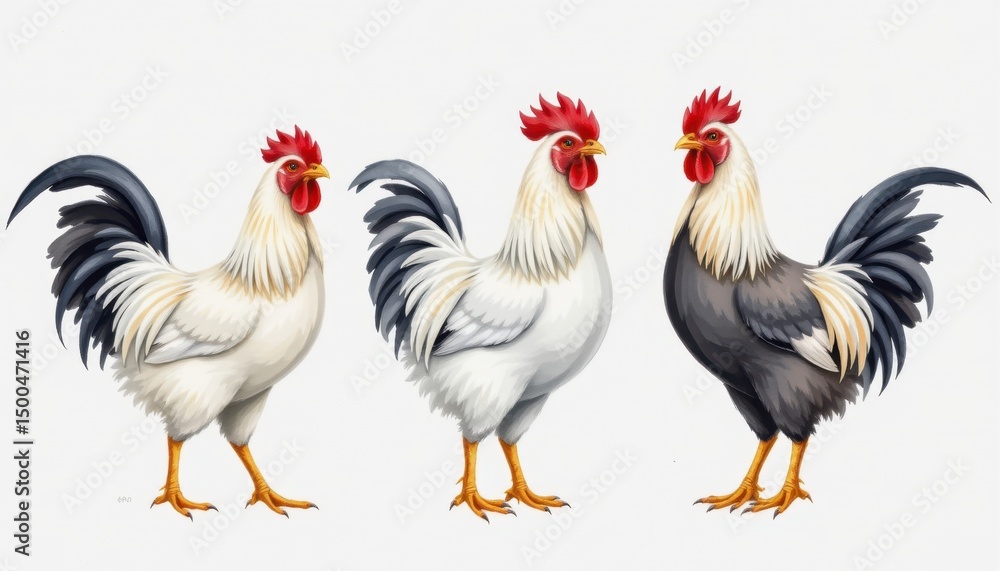 Fototapeta premium Vibrant roosters displaying colors farmyard illustrative art outdoor close-up poultry diversity