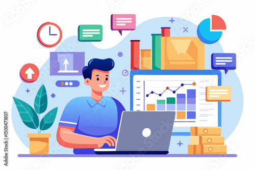 Business person interacting with a futuristic digital marketing interface, showcasing online advertising analytics, data charts, email marketing, and campaign performance metrics on a virtual screen. 