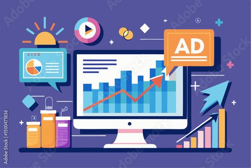 Business person interacting with a futuristic digital marketing interface, showcasing online advertising analytics, data charts, email marketing, and campaign performance metrics on a virtual screen. 