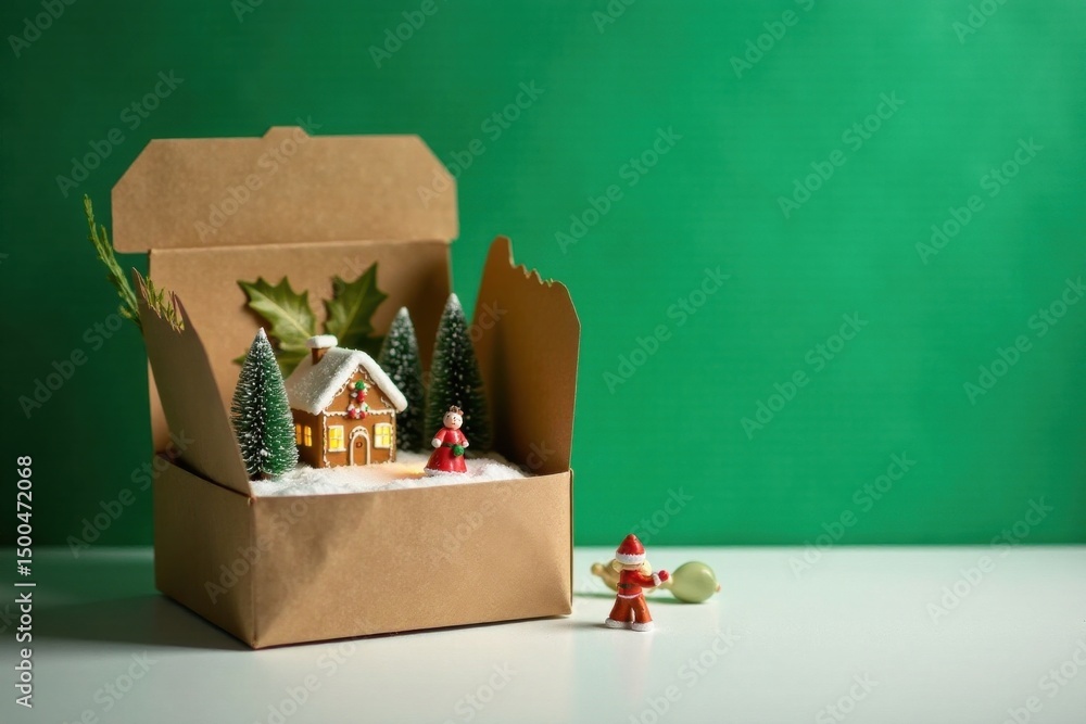 Fototapeta premium Enchanted Winter Village Scene in a Cardboard Box with Miniature Figurines and Festive Greenery