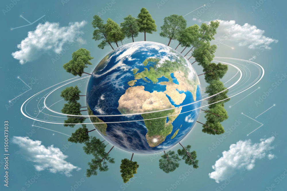 Fototapeta premium Earth surrounded by green trees and white orbit lines in blue sky with clouds, symbolizing environmental protection and nature beauty in peaceful atmosphere