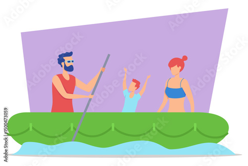 Man in sunglasses rowing green raft while child celebrating joyfully, and woman in swimwear enjoying sunny day