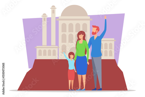 Family standing in front of well-known historic building while waving. Joyful moment among parents and child. Experience of exploration and culture concept