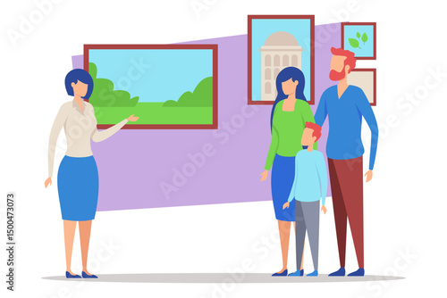 Family engaging with guide while exploring art gallery filled with paintings and scenic views. Cultural enrichment experience concept