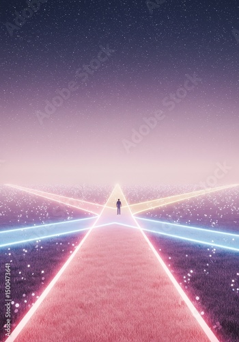 Abstract Illustration Of A Person Walking On A Neon Path Toward The Stars