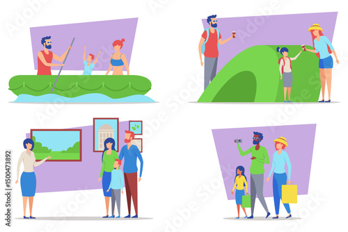 Family members enjoying different activities together, including kayaking, hiking, and visiting museum, highlighting quality time spent outdoors and in cultural environments