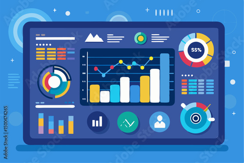 Business person interacting with a futuristic digital marketing interface, showcasing online advertising analytics, data charts, email marketing, and campaign performance metrics on a virtual screen. 