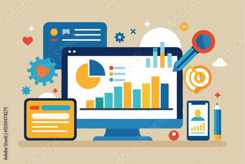 Business person interacting with a futuristic digital marketing interface, showcasing online advertising analytics, data charts, email marketing, and campaign performance metrics on a virtual screen. 