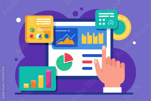 Business person interacting with a futuristic digital marketing interface, showcasing online advertising analytics, data charts, email marketing, and campaign performance metrics on a virtual screen. 