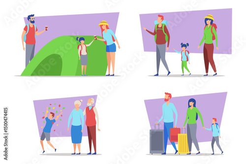 Family engaging in various bonding activities, from exploring nature to traveling together. People sharing laughter, adventure, and meaningful interactions in vibrant settings