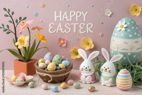 Still life of easter decorations with eggs, flowers, and bunnies