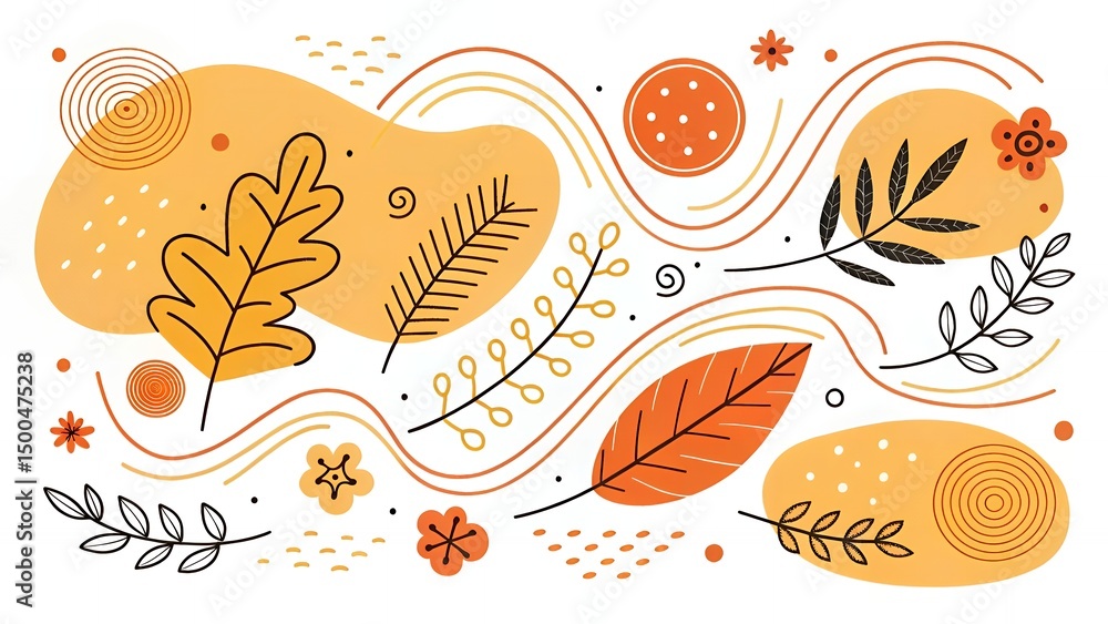 Fototapeta premium Autumnal themed illustration with leaves flowers and abstract shapes