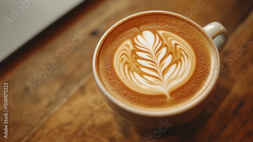 Close-up view of minimalist latte art coffee with laptop on clean wood desk, focusing on intricate details