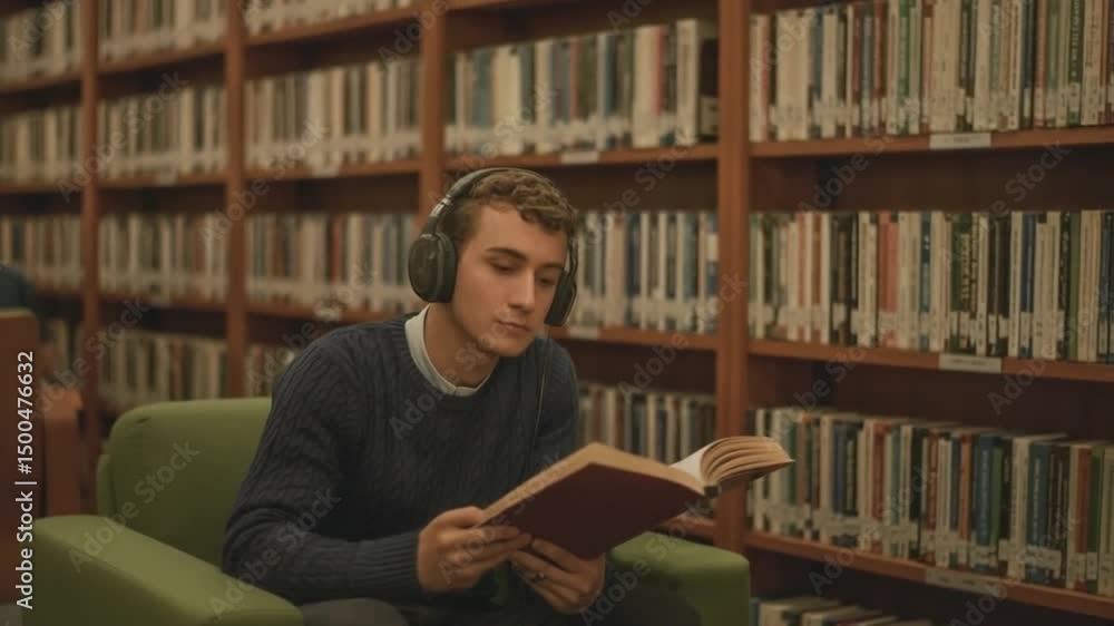 Student reading with headphones in a quiet, cozy university library Student reading with headphones in a quiet, cozy university library