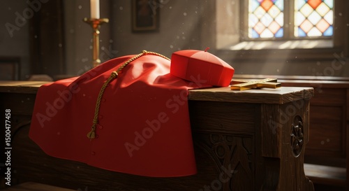 Cardinal Vestments on Wooden Table in Church Photo with Warm Lighting