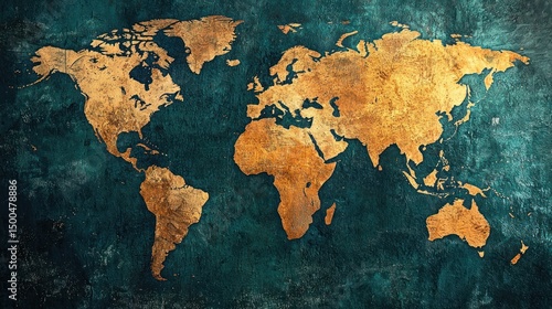 Fototapeta Naklejka Na Ścianę i Meble -  A world map with gold continents on a dark teal background