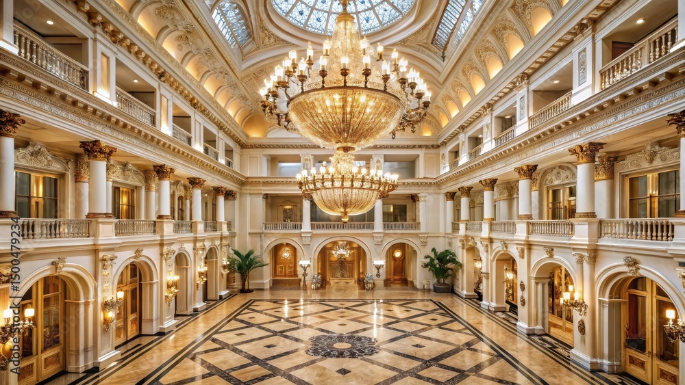 Obraz premium Grandiose atrium with high ceiling and ornate chandeliers in a luxurious setting , elegant design