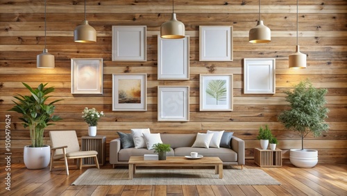 Multiple posters on a wooden wall in a home decor setting , home, design concept,  home