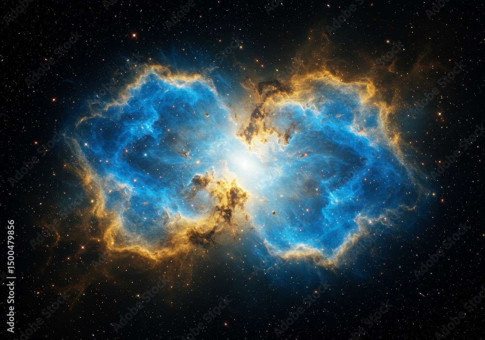 Fototapeta premium Cosmic Nebula Illustration Shows Blue and Gold Colors in a Starry Space Background
