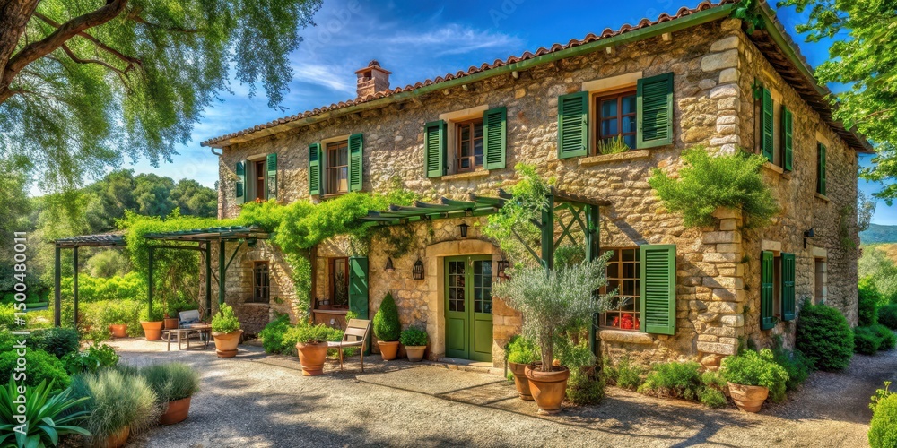 Fototapeta premium Traditional Mediterranean stone house with green shutters and a pergola in a lush garden surrounded by olive trees and vines, historic, natural