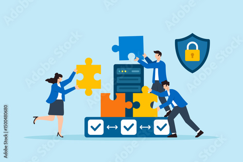 Flat illustration of three people locking puzzle pieces around server to form secure network against cyber attacks