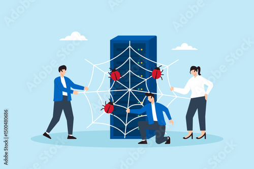 Flat illustration of people creating digital spiderweb around server to trap malware and defend against cyber threats