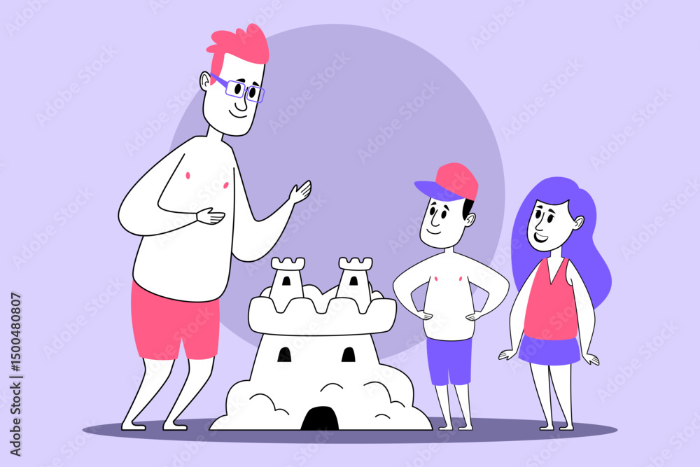 Naklejka premium Two children and adult gathered at beach, engaged in building sandcastle. People smiling and sharing tips while enjoying sunny weather