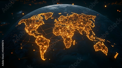 The image shows a dark, stylized depiction of planet Earth with a glowing orange network of lines connecting various points across all continents.  This visualization represents global interconnected