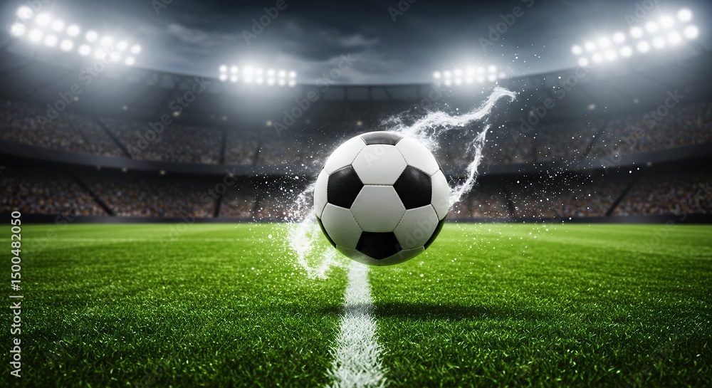 Obraz premium Soccer ball hovers over the line in a stadium with water splash effect