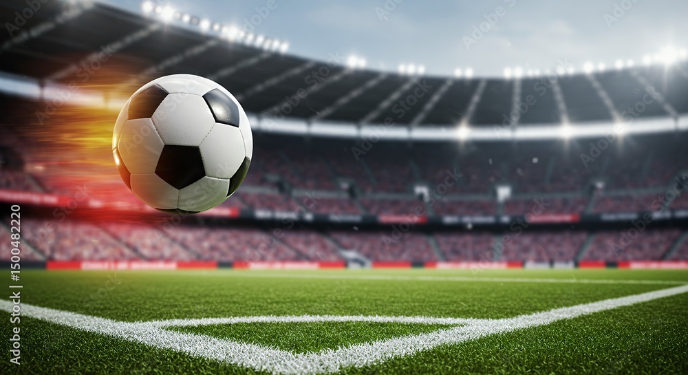 Obraz premium Soccer Ball in Flight Above Green Field Stadium in Background Dramatic Lighting