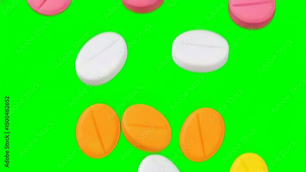Colorful pills falling on green screen background, generative ai