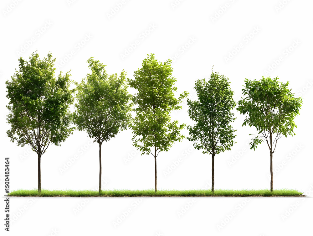Obraz premium Row of five trees in seasonal variation, isolated on white background.