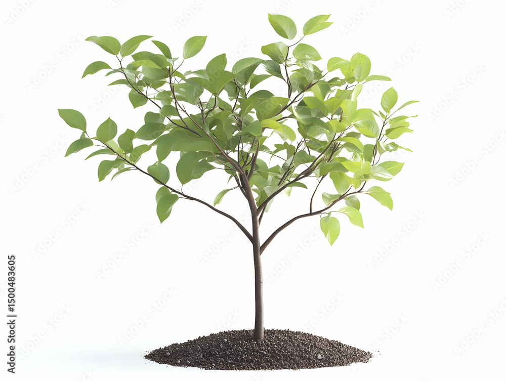 Fototapeta premium Young fruit tree with light green foliage and soil base, isolated on white.