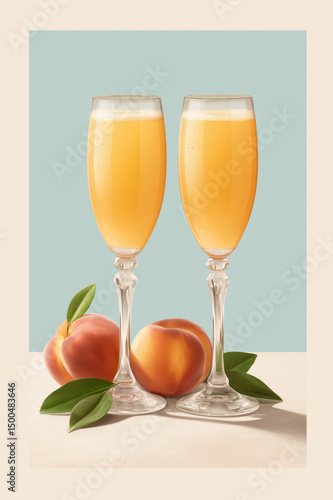 Watercolor illustration of Bellini cocktail glasses with ripe peaches