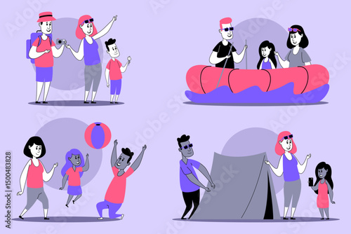 Family enjoying various outdoor activities at summer festival, including playing games, rafting on lake, and setting up tent, while children celebrating together with joy