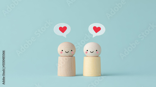 There are heart-shaped symbols above a pile of wooden dolls, symbolizing lovers in love