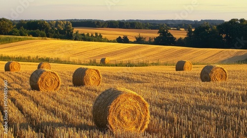 A field of golden hay bales with a clear sky in the background.