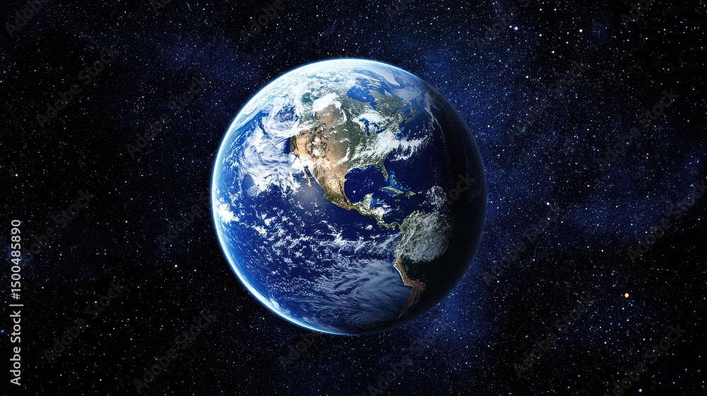 Obraz premium A blue and white globe with Earth's continents and oceans visible, set against a starry night sky.