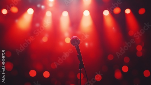 Atmospheric night scene in a bar or club with blurry red lights and a disco ball, perfect for concert or party themes with ample copy space