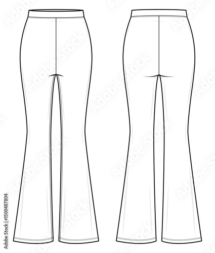 Women’s Goya Flared Leggings Technical Fashion Illustration. High-Waisted Flare Yoga Pants Vector Template. Front and Back View. Seamless Style. CAD Mockup.