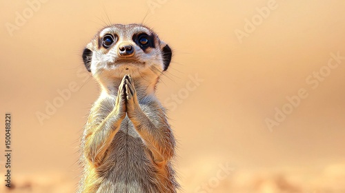 Wallpaper Mural Adorable meerkat standing on its hind legs with paws together, resembling a praying pose.  Desert background. Torontodigital.ca