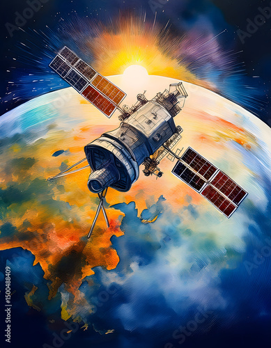 A communication satellite orbits a vibrant, abstract planet under a radiating sun, depicting technological advancement and celestial harmony