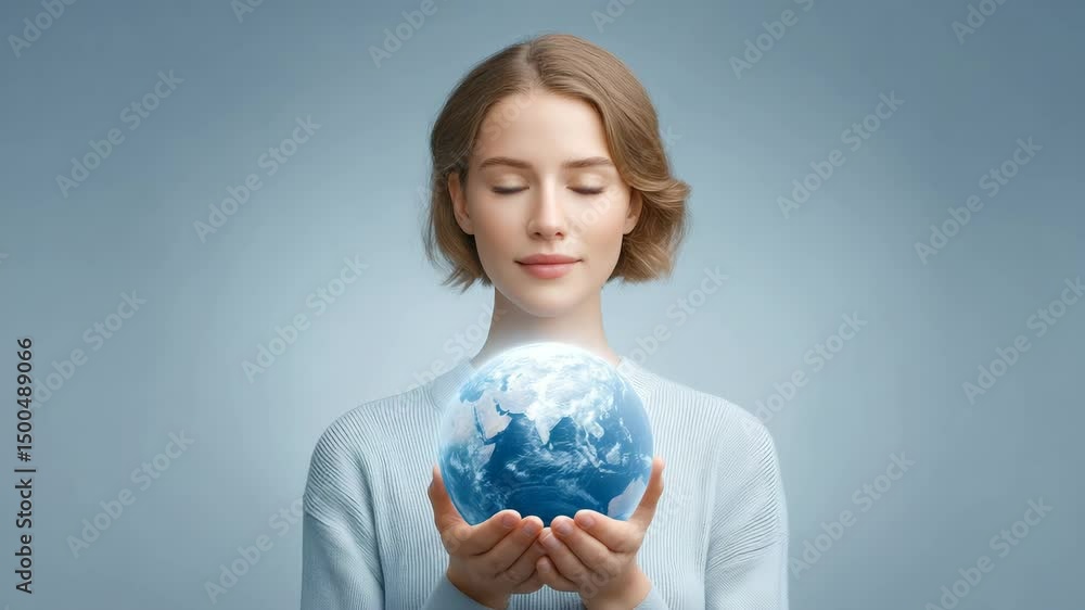 World in Her Hands: A serene portrait of a woman tenderly cradling a glowing globe, symbolizing environmental consciousness and global responsibility. World in Her Hands: A serene portrait of a woman tenderly cradling a glowing globe, symbolizing environmental consciousness and global responsibility.