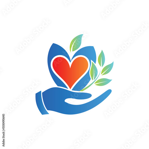 Hands with heart and leaf vector logo template. Charity and donation logotype.
Heart with hands and family vector logo. Health care and medical icon.